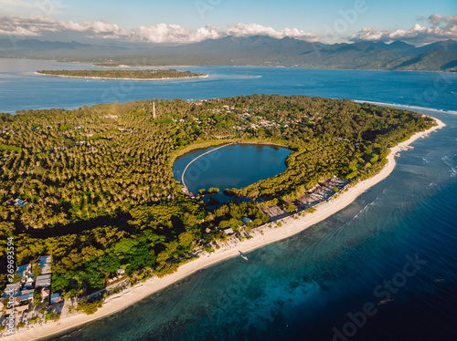 Aerial view with Gili islands and ocean, drone shot. Gili Meno, Gili Air and Lombok