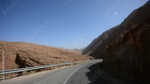 Driving on Dades Gorge Valley Serpentine Road, Atlas Mountains, Morocco, accelerated speed
