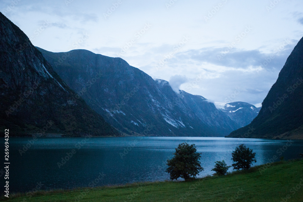 Mountains and fjord in the evening in Norway