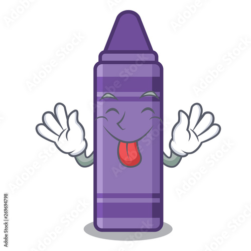 Tongue out purple crayon in a mascot bag