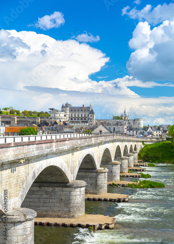 Beautiful view on the skyline of the historic city of Amboise with renaissance chateau across the river Loire. Loire valley, France