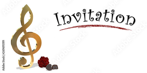 3d golden treble clef, red rose and chocolate on white background