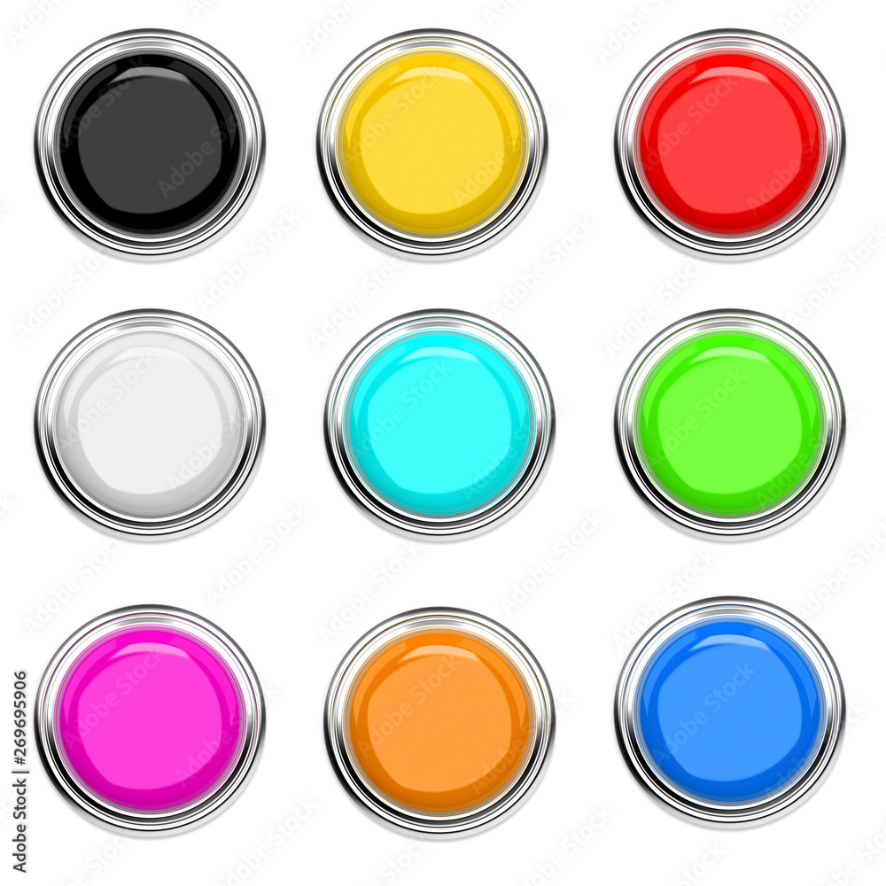Push buttons with metal frame. Colored collection, top view. 3d rendering illustration isolated Push buttons with metal frame. Colored collection, top view. 3d rendering illustration isolated