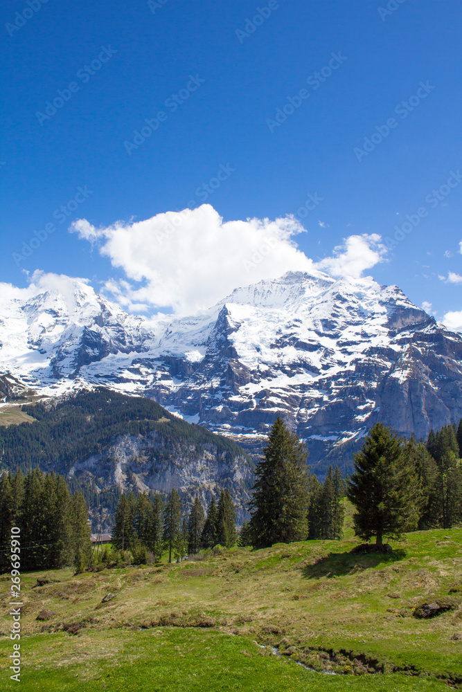 Swiss Alps. Alpine mountains. Mountain landscape. Tourist photo. Spring in the Alps