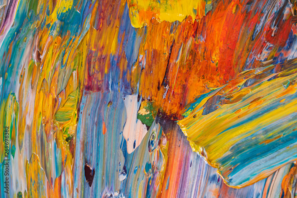 Bright, juicy, multi-colored abstraction of their mixing of oil paints on a palette close-up. Bright, juicy, multi-colored abstraction of their mixing of oil paints on a palette close-up.