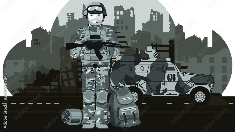 Φωτογραφία The soldier in the background of the ruined city