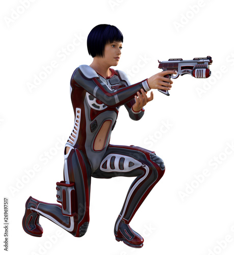 futuristic warrior girl, armed with gun, 3d illustration photo