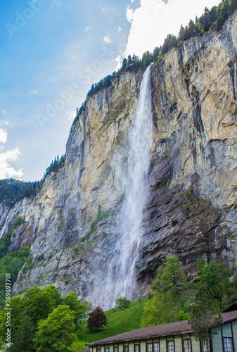 Staunbach Falls in Lauterbrunnen. Waterfall in the Alps. Swiss Alps. Alpine mountains
