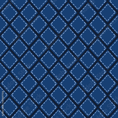 Indigo blue mosaic tile shapes. Vector pattern seamless background. Hand drawn geometric quilt grid graphic illustration. Trendy retro home decor, boho masculine fashion print, navy geo wallpaper.