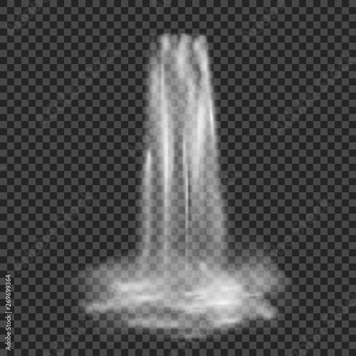 Realistic stream of waterfall with clear water and fog. Vector illustration isolated on transparent background