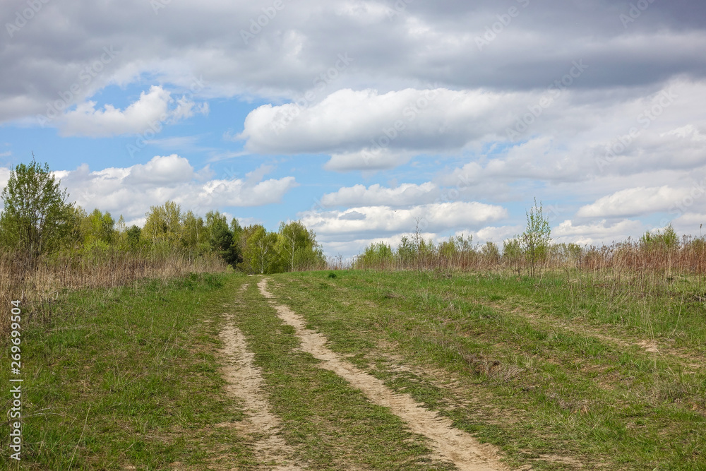 Rural landscape with dirt road. Field and sky with clouds.