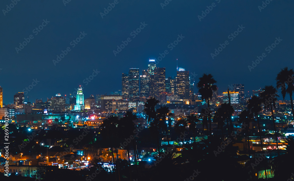 Downtown Los Angeles skyline at night with palm trees in the foreground