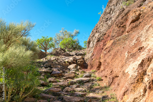 Hiking on La Gomera. In the mountains of the Valle Gran Rey on the Canary island La Gomera. The long distance trail leads to El Cercado, a mountain and pottery village in the highlands