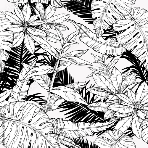 Seamless pattern with branches and leaves, jungle thickets. Black and white