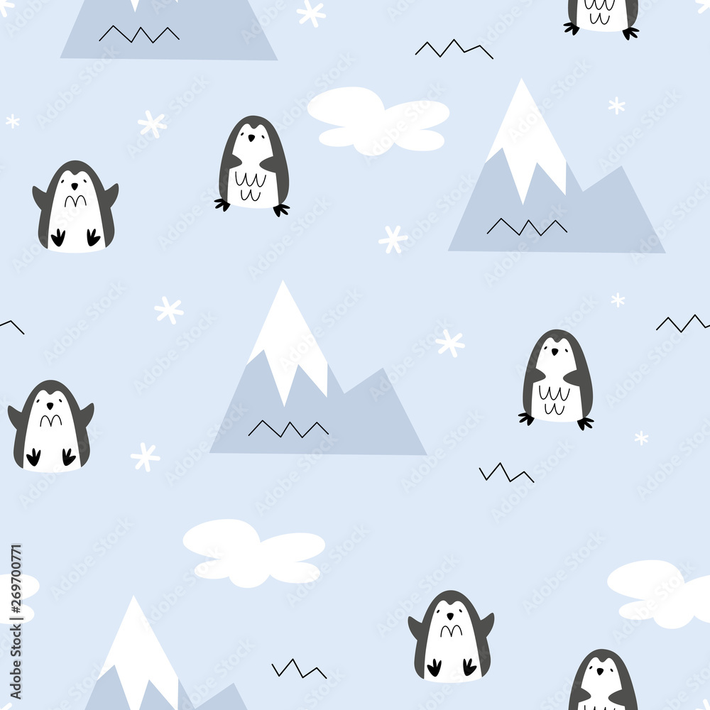 Vector seamless pattern with penguins. Alaska. Scandi style. Children print. Wildlife Vector seamless pattern with penguins. Alaska. Scandi style. Children print. Wildlife