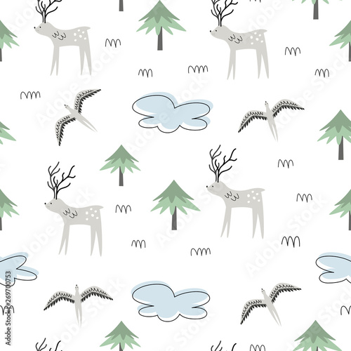 Vector seamless pattern with polar deer and birds. Alaska. Wild animals and nature. Scandi style. Children print. Wildlife