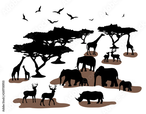 An African safari animal silhouette landscape scene.