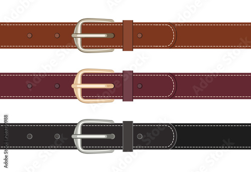 Set of leather belts with buttoned buckles isolated on white background. Vector illustration of straps black and brown in cartoon flat style.