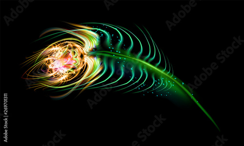 Peacock feather on black or dark background in unreal magic style. Vector illustration. Neon lights, soft luminescence