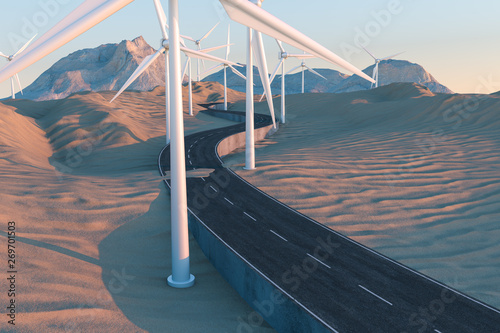 Windmills and winding road in the open, 3d rendering.