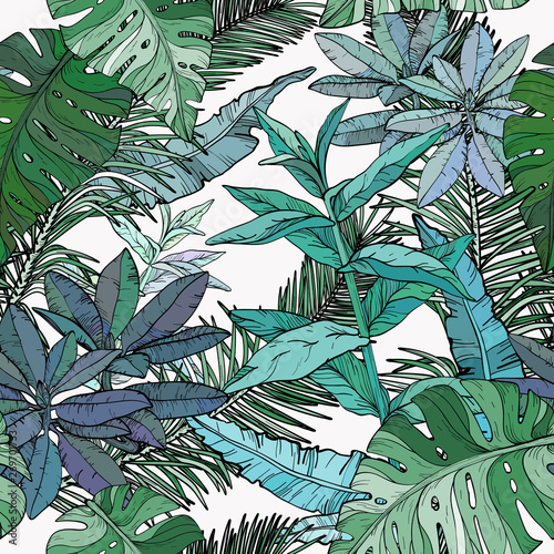 Seamless pattern with green foliage, branches and leaves.