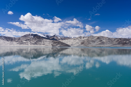 Landscape view high land lake and reflection with clear blue sky  Xinjiang