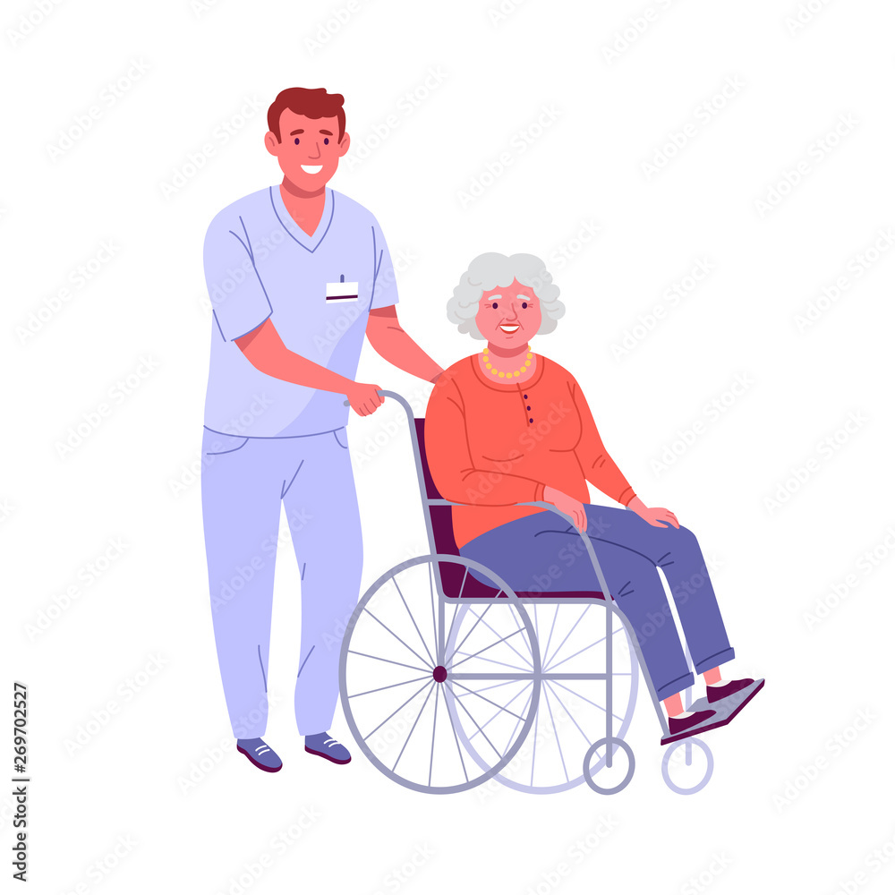 Elderly people support. Vector illustration of senior woman in a wheelchair and a nurse helping her. Isolated on white. Elderly people support. Vector illustration of senior woman in a wheelchair and a nurse helping her. Isolated on white.