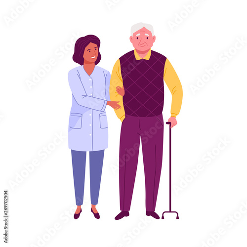 Elderly people support. Vector illustration of senior man with walking stick and a nurse helping him. Isolated on white.