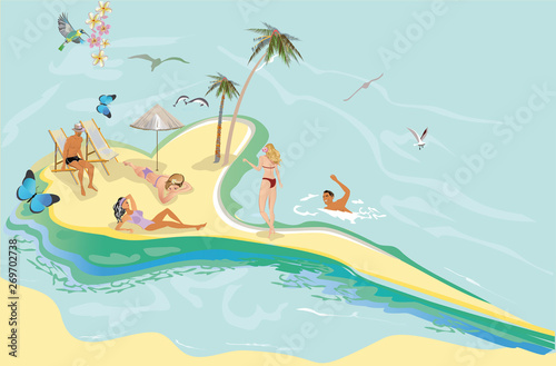 Series of summer backgrounds with blue sky and sea water, sun. People sunbathing on the beach. Hand drawn card illustration.