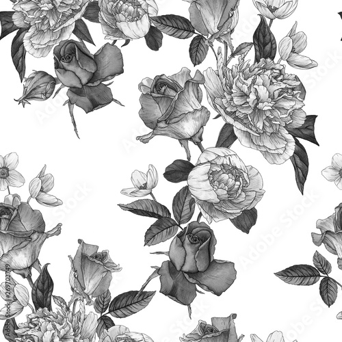 Wallpaper Mural Floral seamless pattern with watercolor white peonies, anemones and roses on white background. Monochrome seamless pattern Torontodigital.ca