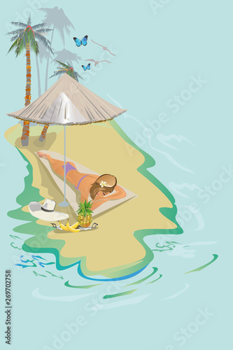 Series of summer backgrounds with blue sky and sea water, sun. People sunbathing on the beach. Hand drawn card illustration.