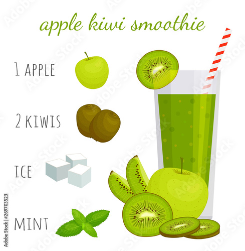 Smoothies with kiwi, apple, mint and ice. Recipe for a refreshing drink with ingredients. Cocktail vector tip.