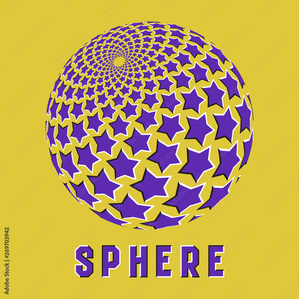 Abstract sphere logo symbol with motion illusion effect. Purple globe emblem with moving pentagram elements. Abstract sphere logo symbol with motion illusion effect. Purple globe emblem with moving pentagram elements.