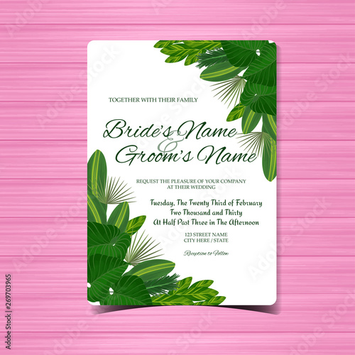 wedding invitation card with gorgeous tropical leaves