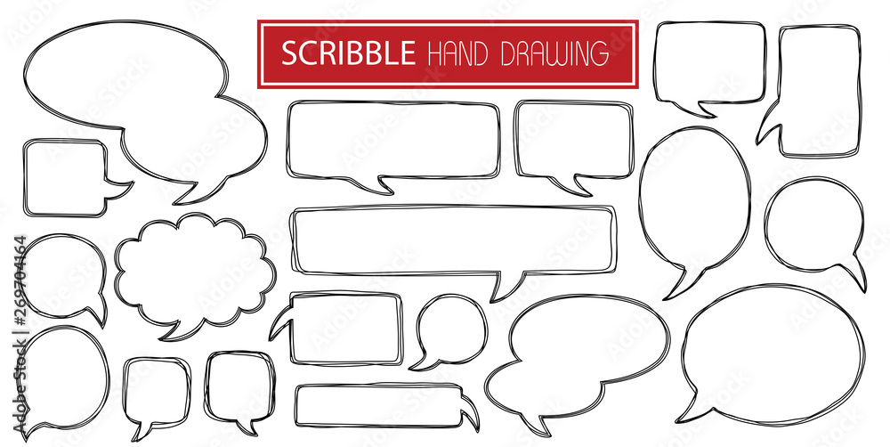 Set of different scribble hand drawn speech bubbles isolated on white background