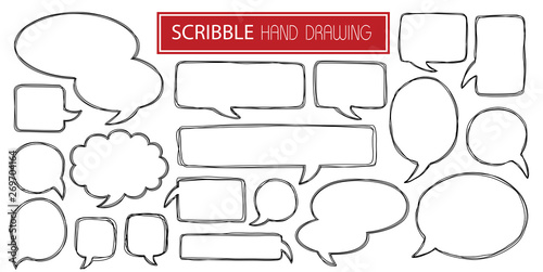 Set of different scribble hand drawn speech bubbles isolated on white background