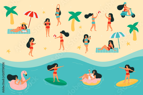 Summertime flat vector illustration. Women on the beach. Surfer girl. Sunbathing. Travel summer vacation. Woman on swim ring shape of flamingo and donuts. Playing with beach ball.