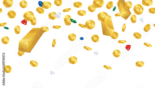 Falling of gold treasure with diamond and gemstone isolated on white background.