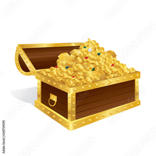 Treasure chest filled with gold coins, diamond and gemstone isolated on white background.