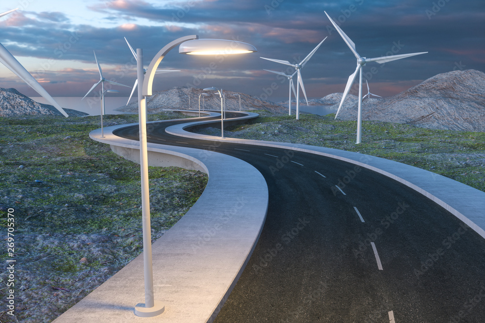 Windmills and winding road in the open, 3d rendering.