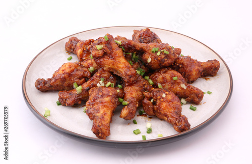 Delicious Korean fried chicken on a white background.