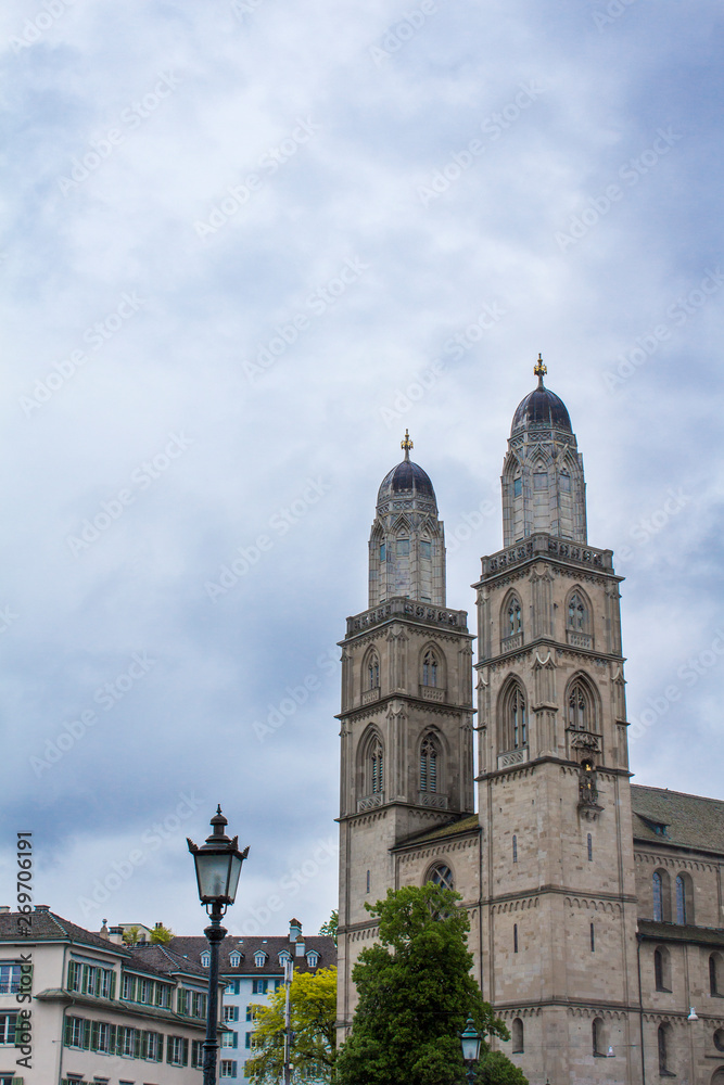 Grossmunster. Romanesque Cathedral in Zurich. View of the Grossmünster. Zurich architecture.