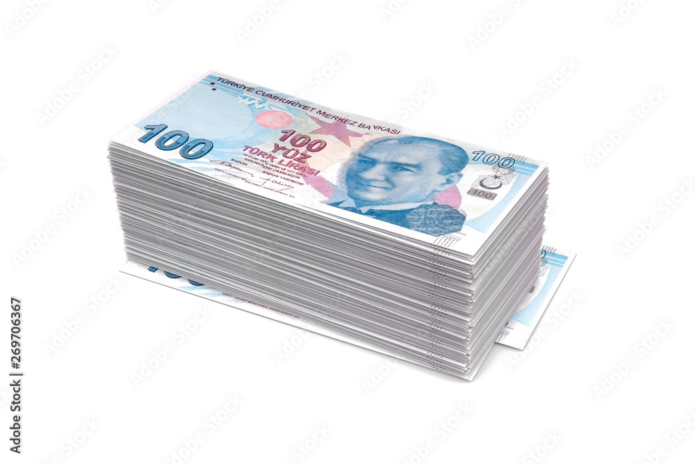 Deck of Turkish Liras Banknotes on White Deck of Turkish Liras Banknotes on White