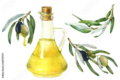 yellow olive bottle and olive branches with olives and leaves. watercolor illustration on white background. book of recipes, menus, cafes, restaurants. Healthy food and diet