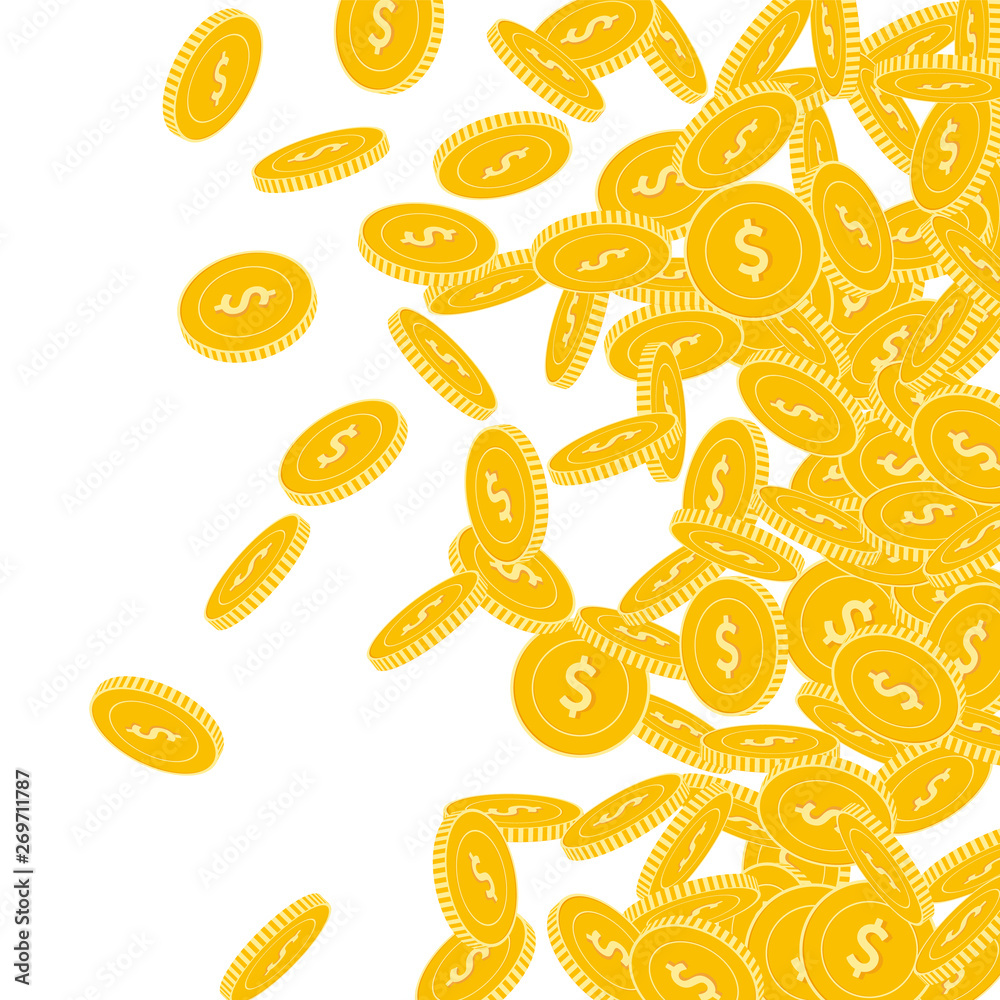 American dollar coins falling. Scattered big USD c American dollar coins falling. Scattered big USD c