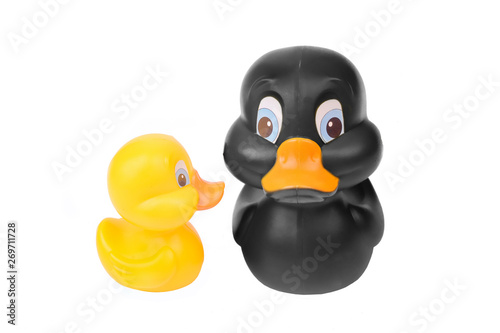 Plastic yellow duck toy isolated on white background