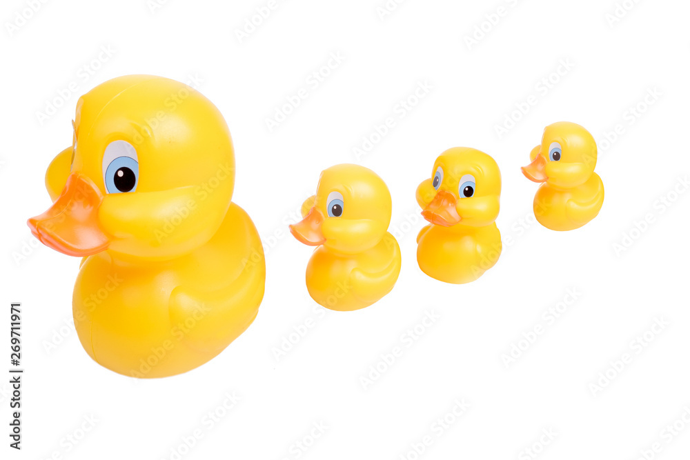Plastic yellow duck toy isolated on white background