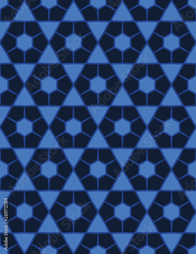 Indigo blue mosaic tile shapes. Vector pattern seamless background. Hand drawn geometric quilt grid graphic illustration. Trendy retro home decor, boho masculine fashion print, navy geo wallpaper.
