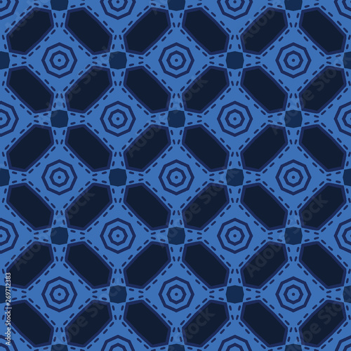 Indigo blue mosaic tile shapes. Vector pattern seamless background. Hand drawn geometric quilt grid graphic illustration. Trendy retro home decor, boho masculine fashion print, navy geo wallpaper.