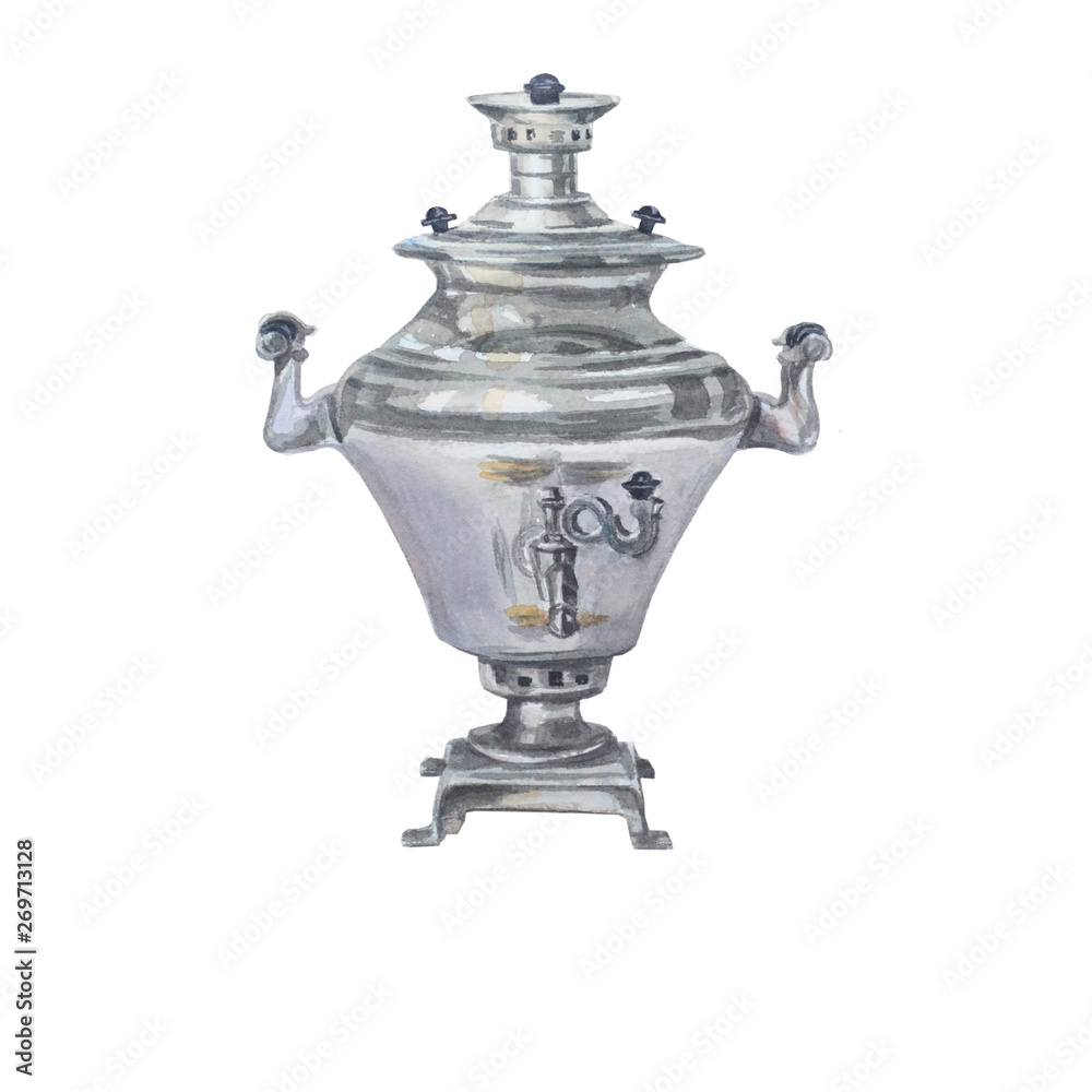 Russian samovar with chocolate candy in golden candy wrappers. Isolated on white background. Tea drinking in the Russian style, watercolor illustration. Russian samovar with chocolate candy in golden candy wrappers. Isolated on white background. Tea drinking in the Russian style, watercolor illustration.